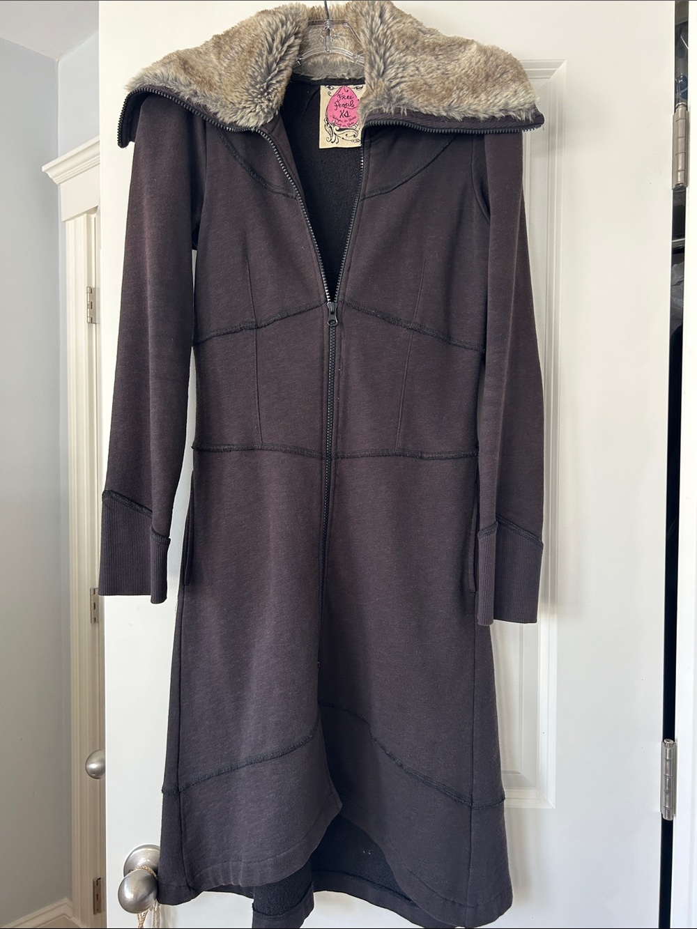 Free People Faux Fur Collar Boho Midi Jacket Coat zip front Size XS black